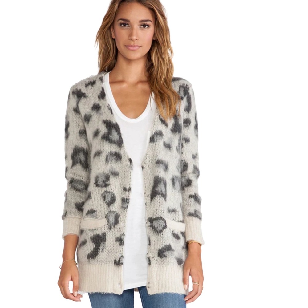Free People Leopard Print Wool Blend Cardigan Sweater Grey Cream Medium